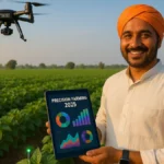 A farmer smiling in a green field, holding a tablet with AI data charts, a drone buzzing above, and IoT sensors in the soil, illustrating precision farming 2025 in action.