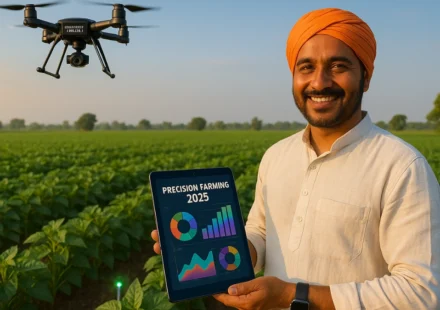 A farmer smiling in a green field, holding a tablet with AI data charts, a drone buzzing above, and IoT sensors in the soil, illustrating precision farming 2025 in action.
