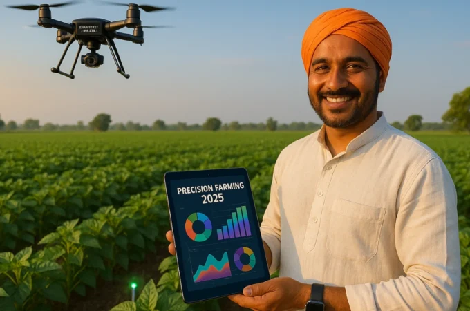 A farmer smiling in a green field, holding a tablet with AI data charts, a drone buzzing above, and IoT sensors in the soil, illustrating precision farming 2025 in action.