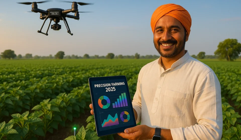 A farmer smiling in a green field, holding a tablet with AI data charts, a drone buzzing above, and IoT sensors in the soil, illustrating precision farming 2025 in action.