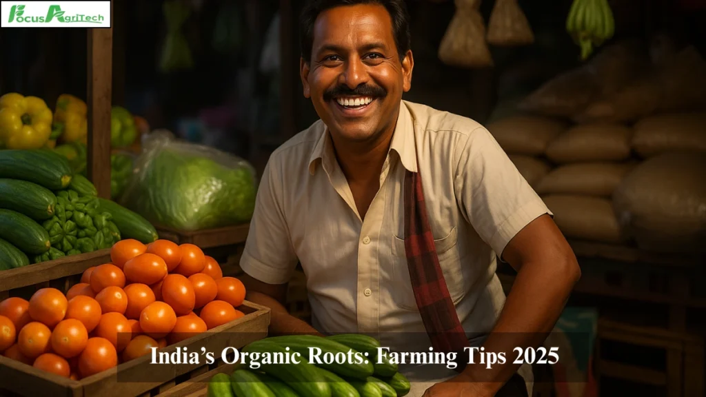 A Punjab farmer selling organic veggies at a market in 2025, showcasing organic farming in India.