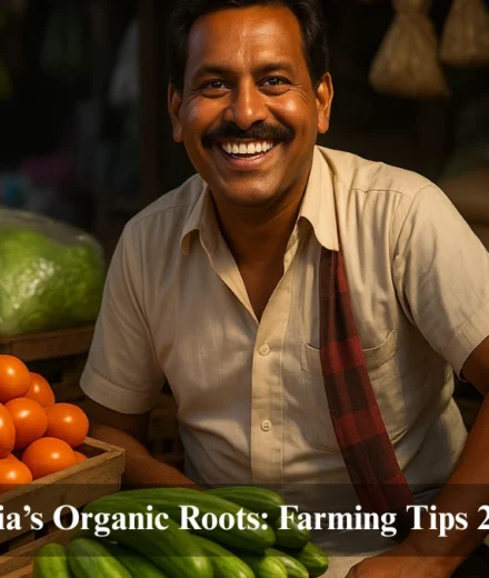 A Punjab farmer selling organic veggies at a market in 2025, showcasing organic farming in India.