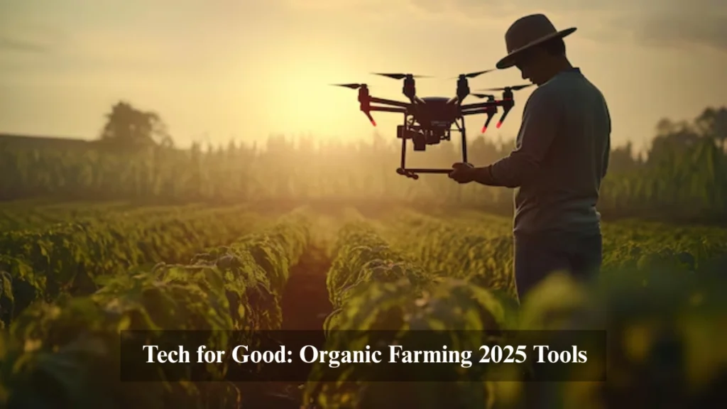 A Gujarat farmer using a drone to spray neem oil on an organic field in 2025, showcasing tech in organic farming.