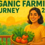 A beginner farmer in India planting organic crops on a small farm in 2025, promoting sustainable agriculture.