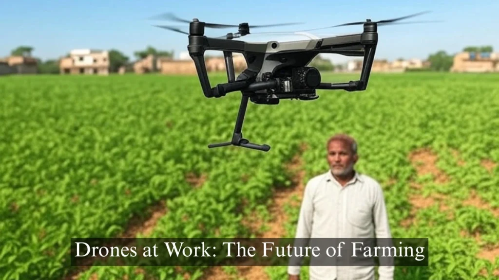 A drone flying over a Gujarat field in 2025, capturing data for drone farming in India.