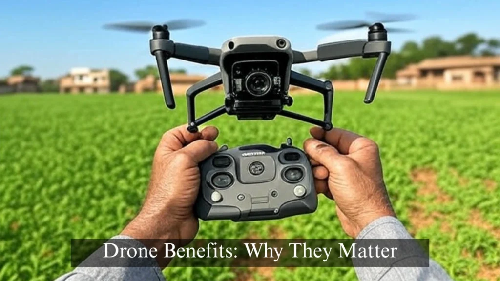 A farmer in Maharashtra enjoys better crops with a drone, showing the benefits of drones in agriculture in 2025.