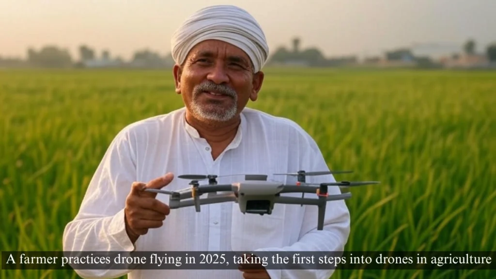 A farmer in India practicing drone flying over a small field in 2025, starting drones in agriculture.