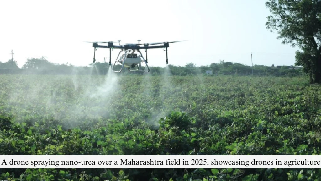 A drone spraying nano-urea over a Maharashtra field in 2025, showcasing drones in agriculture.