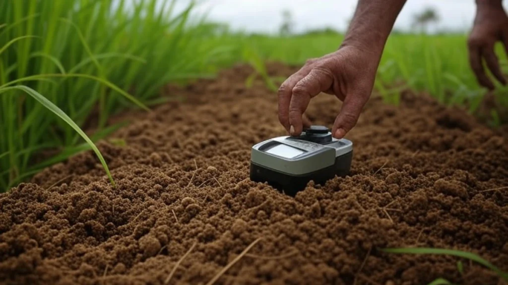 Close-up of a soil sensor in a Tamil Nadu paddy field, with a farmer’s hands touching the soil, and lush green paddy under a cloudy monsoon sky in the background.