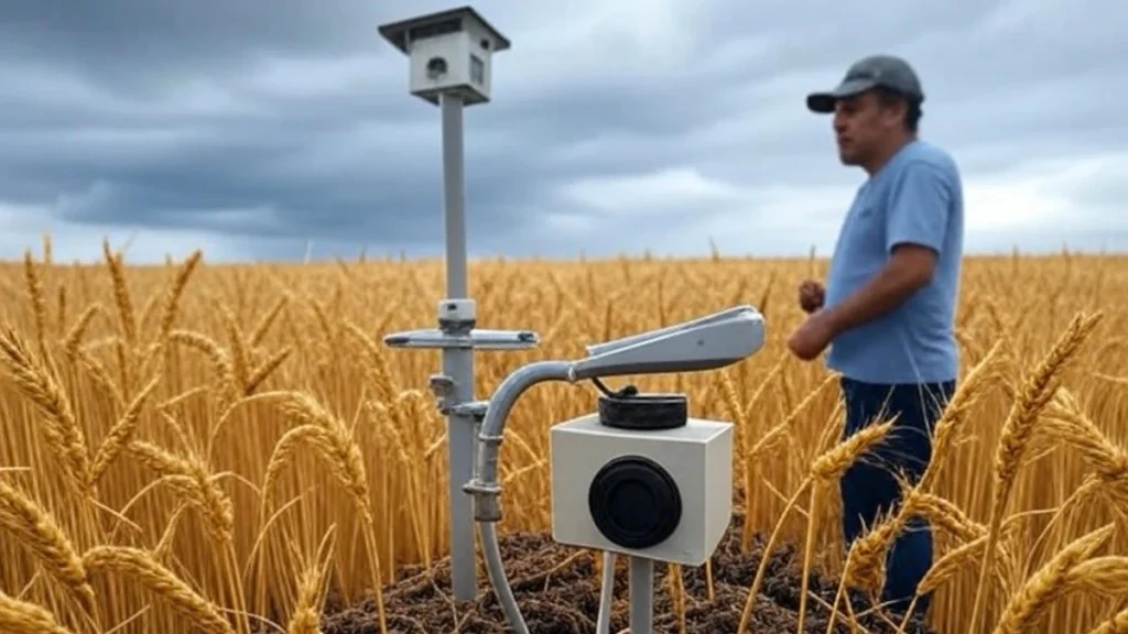 A weather station with sensors in an Uttar Pradesh wheat field, surrounded by golden wheat, as a farmer looks at the monsoon sky in the background.