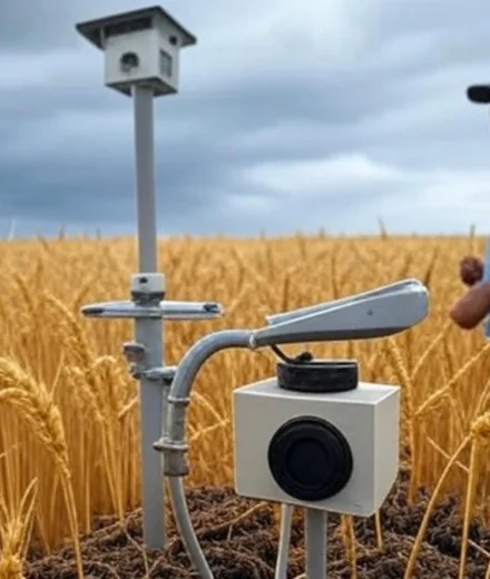 A weather station with sensors in an Uttar Pradesh wheat field, surrounded by golden wheat, as a farmer looks at the monsoon sky in the background.