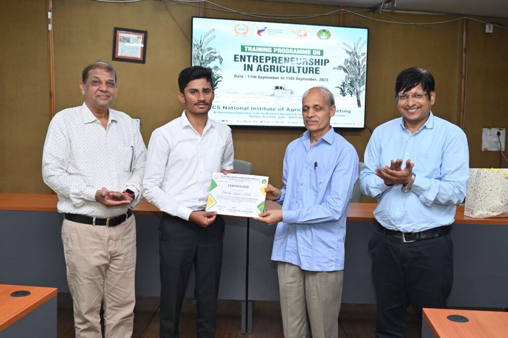 Participant receiving certificate during the 'Entrepreneurship in Agriculture' training programme at CCS NIAM, held from 11th to 15th September 2023.